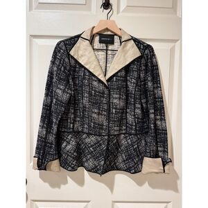 Lafayette 148 New York Black White Cotton Linen Blend Cuffed Jacket 12 Career